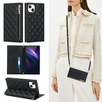 Feishell Crossbody Bag Wallet Case for iPhone 13,Shockproof Luxury PU Leather Zipper Pocket Magnetic Closure Folio Card Slot Flip Kickstand Phone Case with Shoulder Strap,Black