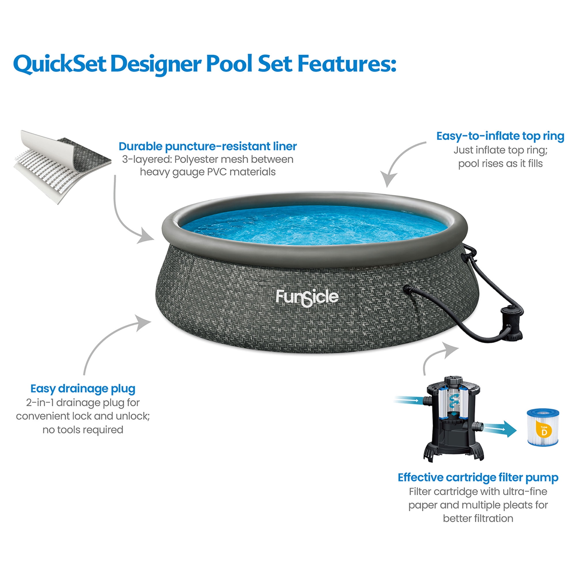 Funsicle 12' x 36" QuickSet Inflatable Ring Top Outdoor Above Ground Pool with Pump