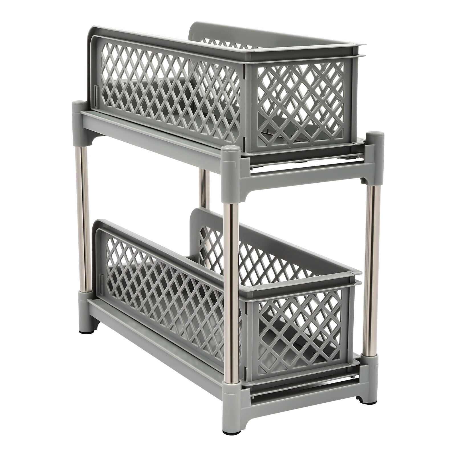 2-Tier Under Sink Organizer with Pull Out Sliding Storage Drawer for Home Bathroom Kitchen White/Grey 14.57in
