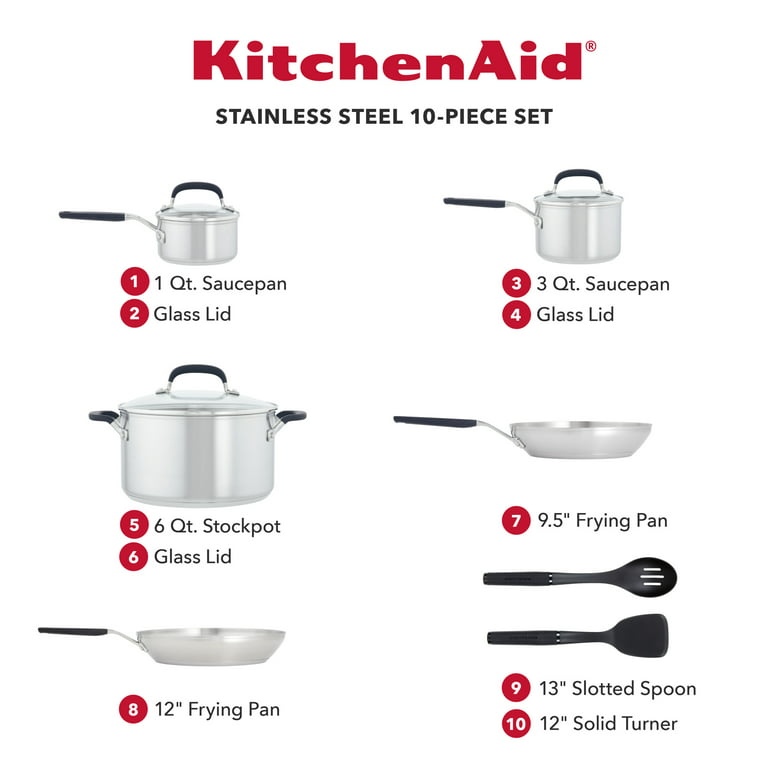 KitchenAid 3-Ply Base Stainless Steel Cookware Pots and Pans Set, 10 Piece,  Brushed Stainless