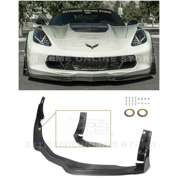 Replacement For 2014-2019 Corvette C7 ALl Models | Z06 Stage 3 Style Carbon Fiber Front Bumper Lip Splitter With Side Extensions Winglet Pair