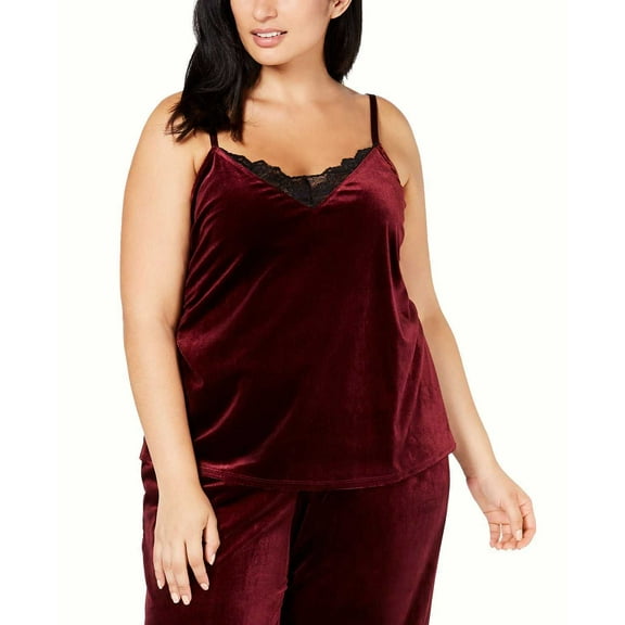INC International Concepts Women's Plus Lace-Trim Velvet Camisole Top, Maroon 2X