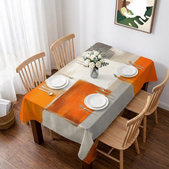 Burnt Orange Beige Table Cloth Waterproof Tablecloths, Abstract Modern Oil Painting Geometric Tablecloth Dining Table Cover for Kitchen Party Tabletop Outdoor, Rectangle Tablecloth 60x102 Inch