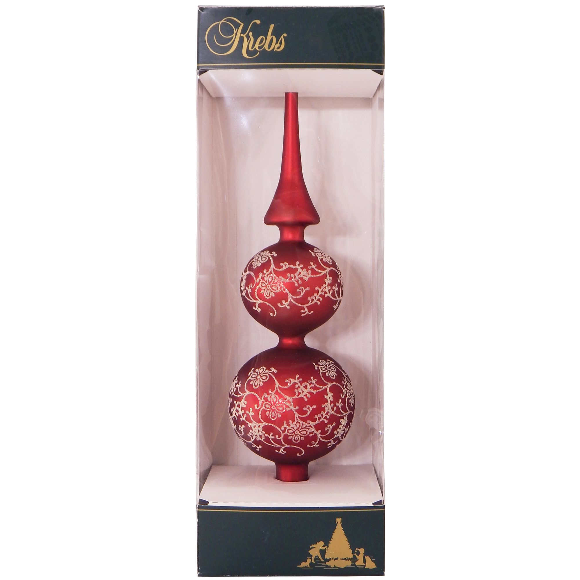 13" Red and Gold Floral Glitter Lace Shiny Glass Finial Christmas Tree