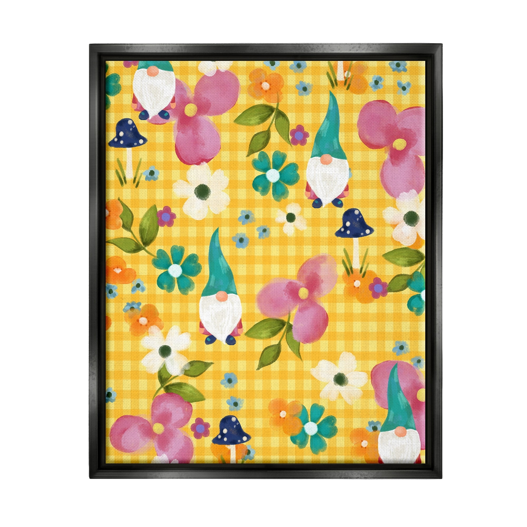 Stupell Industries Yellow Tartan Patterned Spring Gnomes Mushrooms Graphic Art Luster Gray Floating Framed Canvas Print Wall Art, Design by Laura Konyndyk