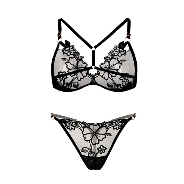Conjunto de lencería semitransparente con bordado floral, sujetador y tanga con aros, lencería sexy para mujer.
