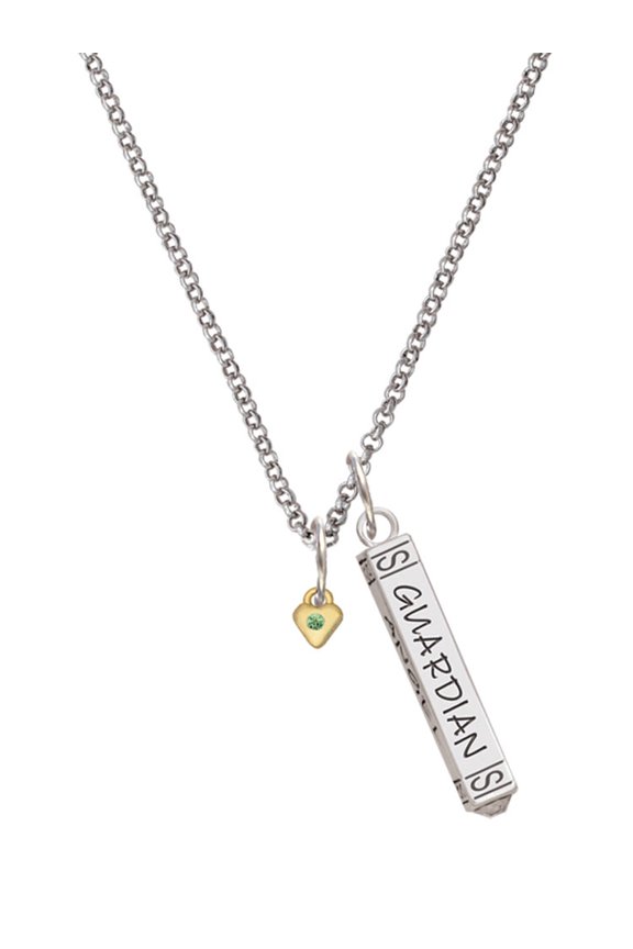 Goldtone Mini August - Lime Green Crystal Heart Silvertone Guardian Angel Bar Charm Necklace, 23"