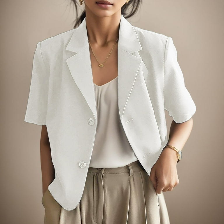 PMUYBHF White Blazers for Women Dressy Cropped Jackets for Women Plus Size Women Casual Solid One Suit Jacket Turndown Collar Loose Short Sleeve Coat Womens Coats Women Blazer Dressy Walmart
