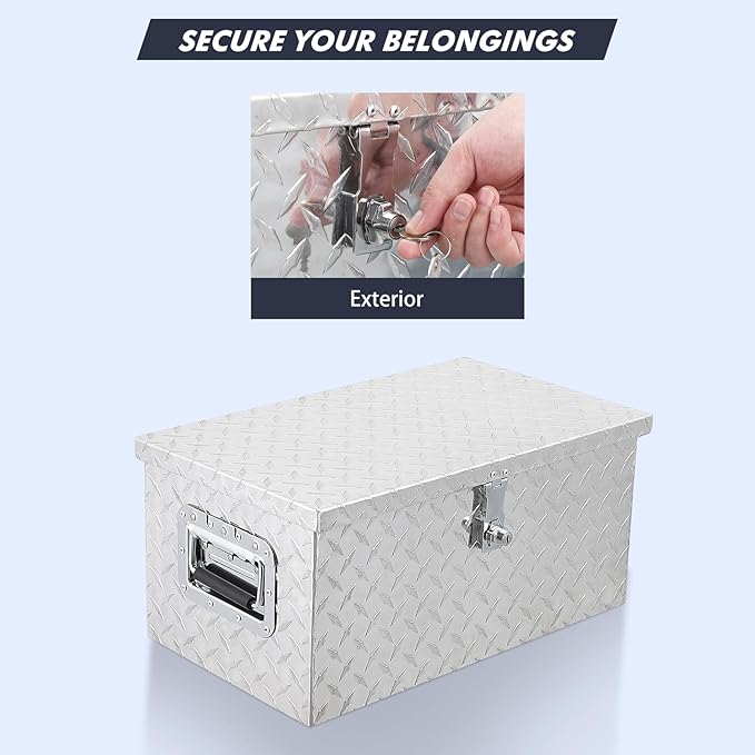 20 Inch Aluminum Diamond Plate Tool Box With Lock and Keys, Heavy Duty Waterproof Truck Storage Organizer Chest for Pick Up Truck Bed, Rv Trailer/Van With Side Handle