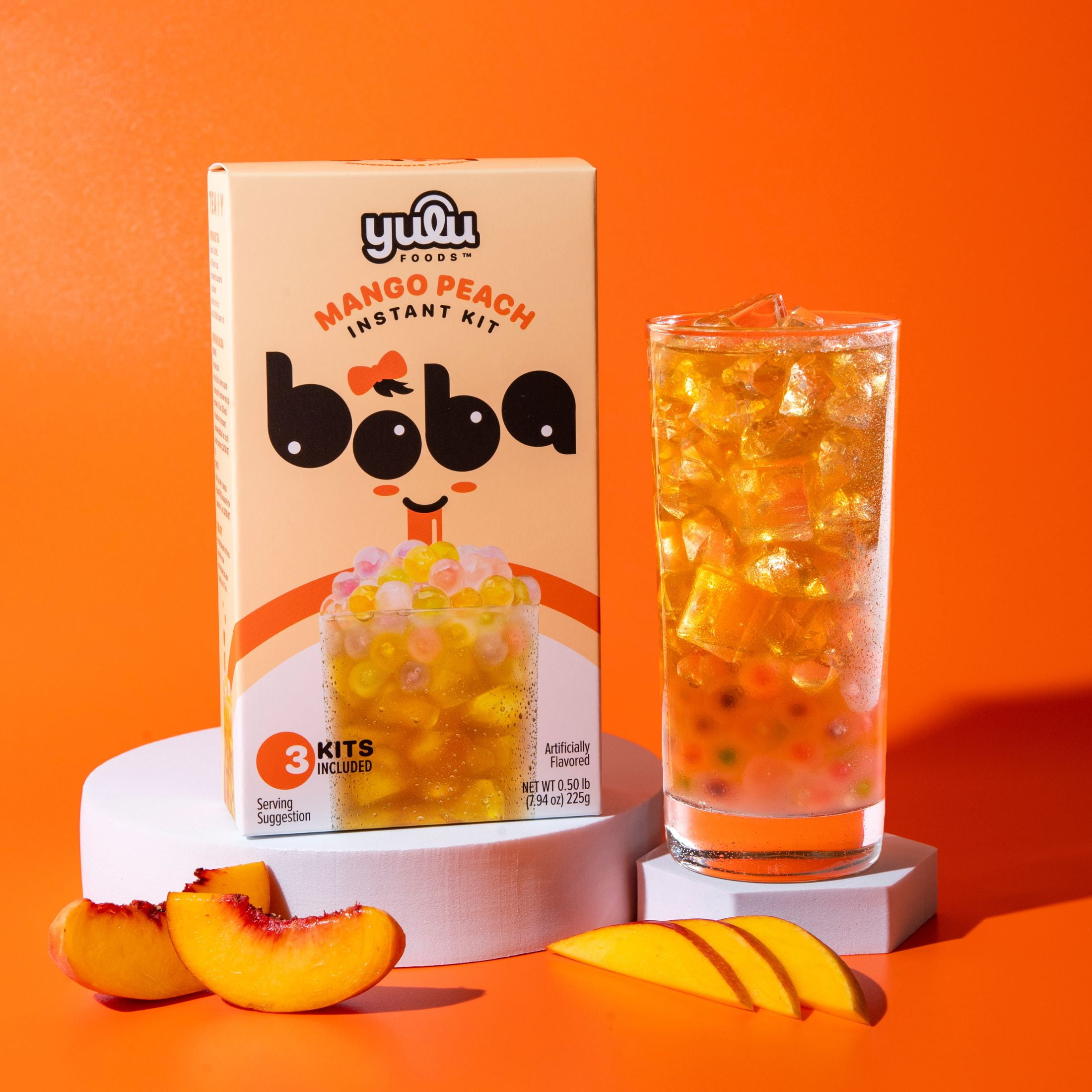 Yulu Foods Instant Boba Mango Peach Tea, Bubble Tea Kit, 3 Drinks