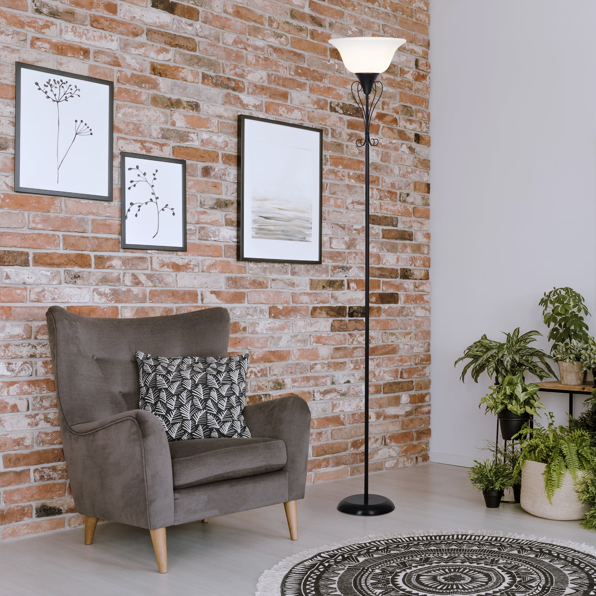 Mainstays Black Iron Scroll Traditional Torchiere Floor Lamp 71"H, LED Bulb Included