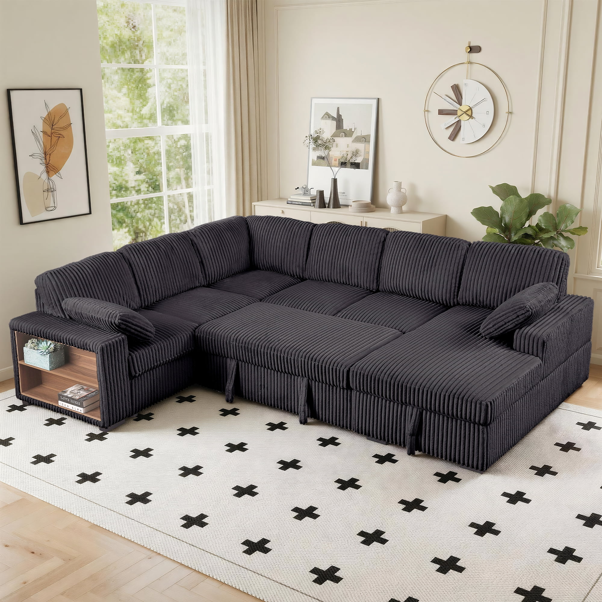 Gewnee 117 inch Sectional Sofa with Pull Out Bed,U-Shaped Modular Sectional with Storage,Cloud Couch for Living Room,Family Room & Apartment,Dark Grey