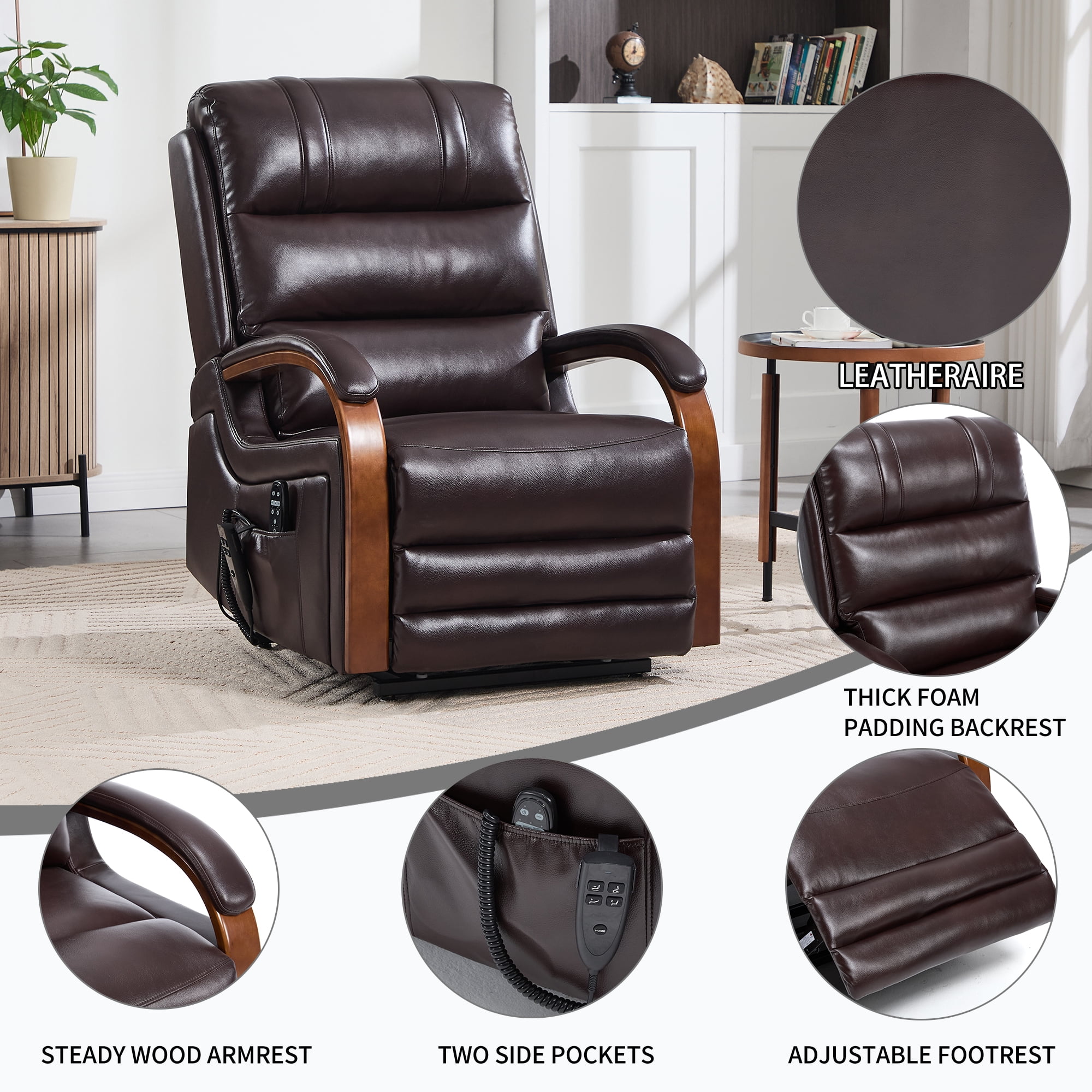 Leumius Power Lift Recliner Chair for Elderly with Heat and Massage,Lift Chair with Solid Wood Armrests for Living Room,Brown03