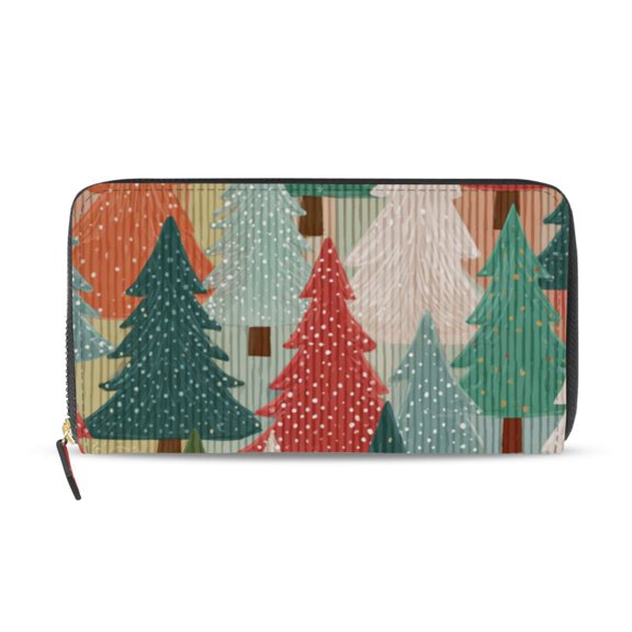Christmas Trees Whimsical Multicolor Women's Long Zipper Wallet Bifold Clutch Purse PU Leather Card Cases