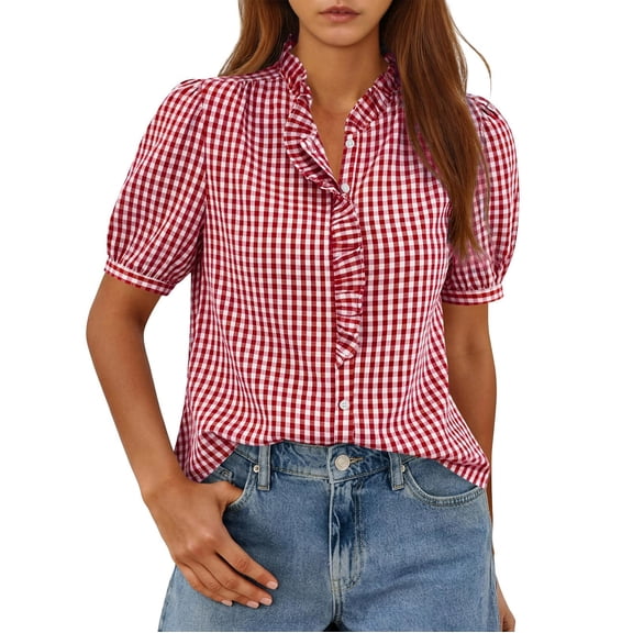 StSilkitty Womens Plaid Shirts Short Sleeve V Neck Pleated Blouses Summer Lightweight Soft Dressy Casual Tops