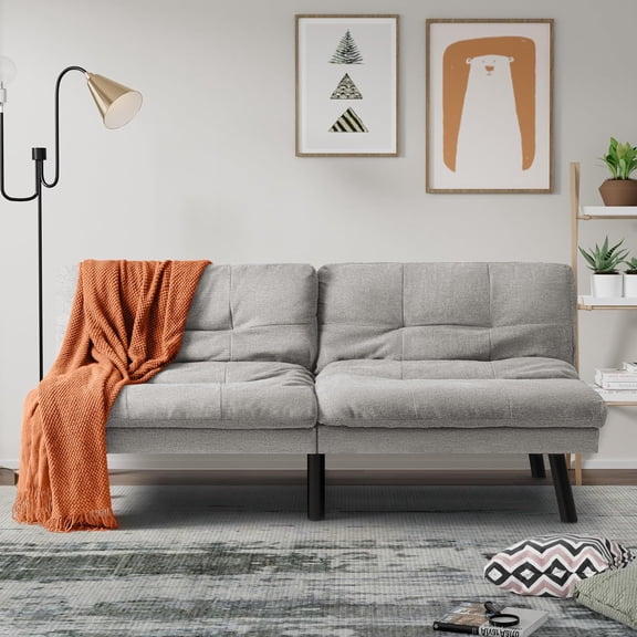Convertible Futon Sofa Bed with Adjustable Back for Living Room - Light Grey Linen Fabric