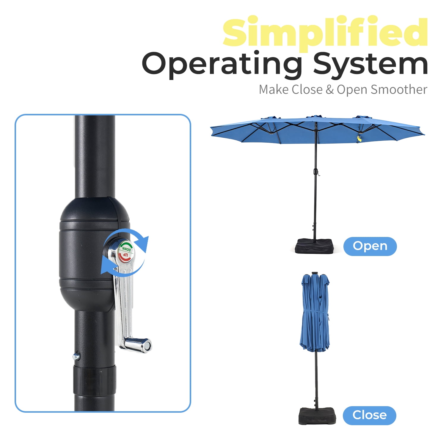 BaPiPro 15FT Blue Large Double Head Patio Umbrella with Solar LED Lights, Waterproof UV & Tear Resistant Fabric, Windproof Reinforced Steel Frame, Easy Hand Crank for Patio, Pool, Garden & Deck
