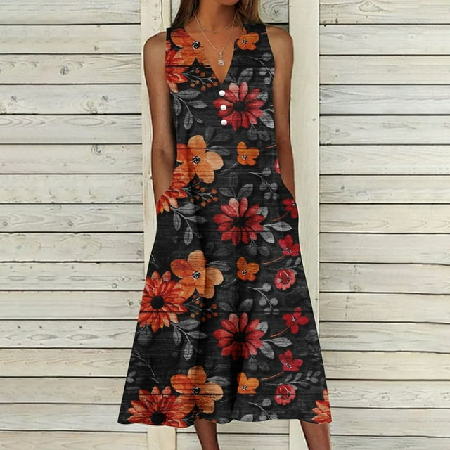 EQWLJWE Liquidation d'Été! Robe Décontractée à Fleurs Design d'Été pour Femmes Robe Sans Manches à Col en V Robe de Soirée Robes pour Femmes 2023