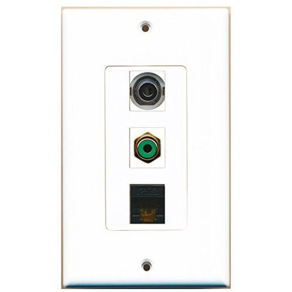 RiteAV - 1 Port RCA Green and 1 Port 3.5mm and 1 Port Cat6 Ethernet Black Decorative Wall Plate Decorative