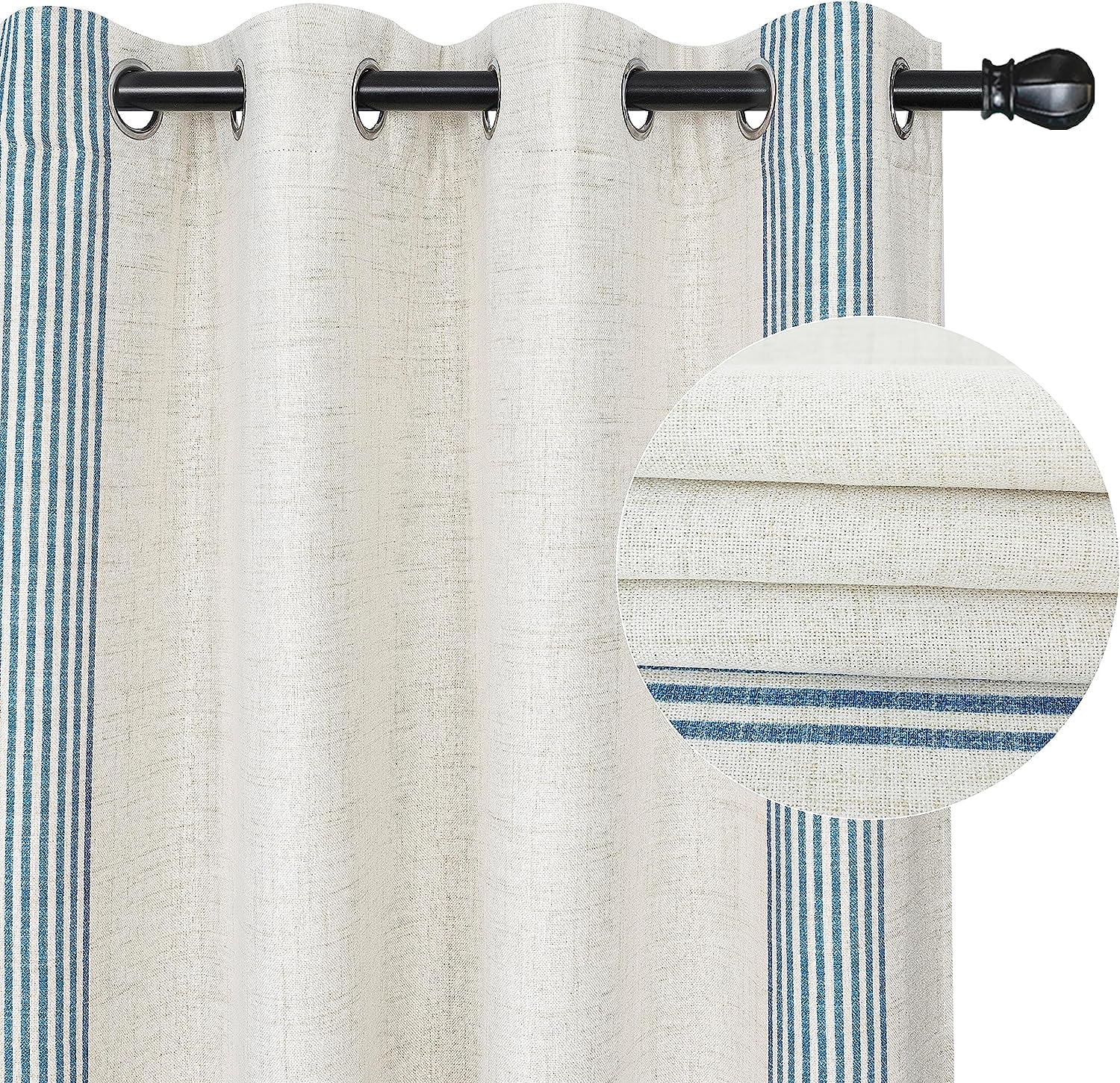 DriftAway Chris Vertical Striped Pattern Linen Blend Lined Thermal Insulated Blackout and Room Darkening Grommet Linen Curtains for Farmhouse Printed, 2 Panels, 52" x 84", Cabana Denim Stripe
