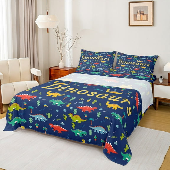Manfei Multicolor Dinosaur Twin Sheet Set,Desert Cactus Coconut Tree,Cozy Decor For Boys,3-Piece