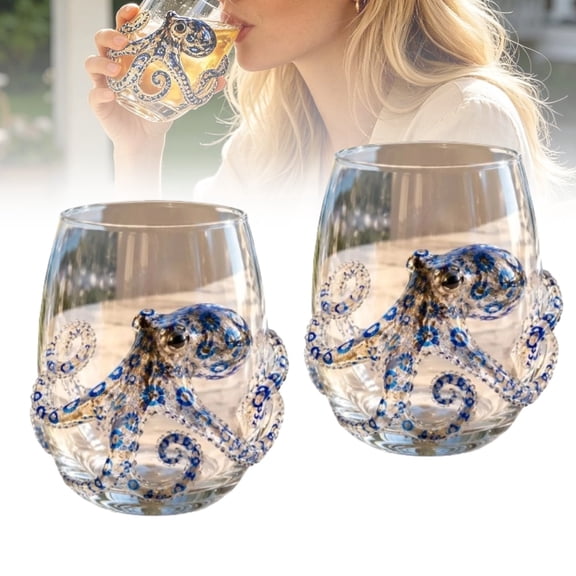 Octopus Lover Gift Stemless Wine Glass - Artisanal 3D Blue Ringed Octopus Bar Glass, Handcrafted Coastal Decor for Birthday Housewarming (2Pack)