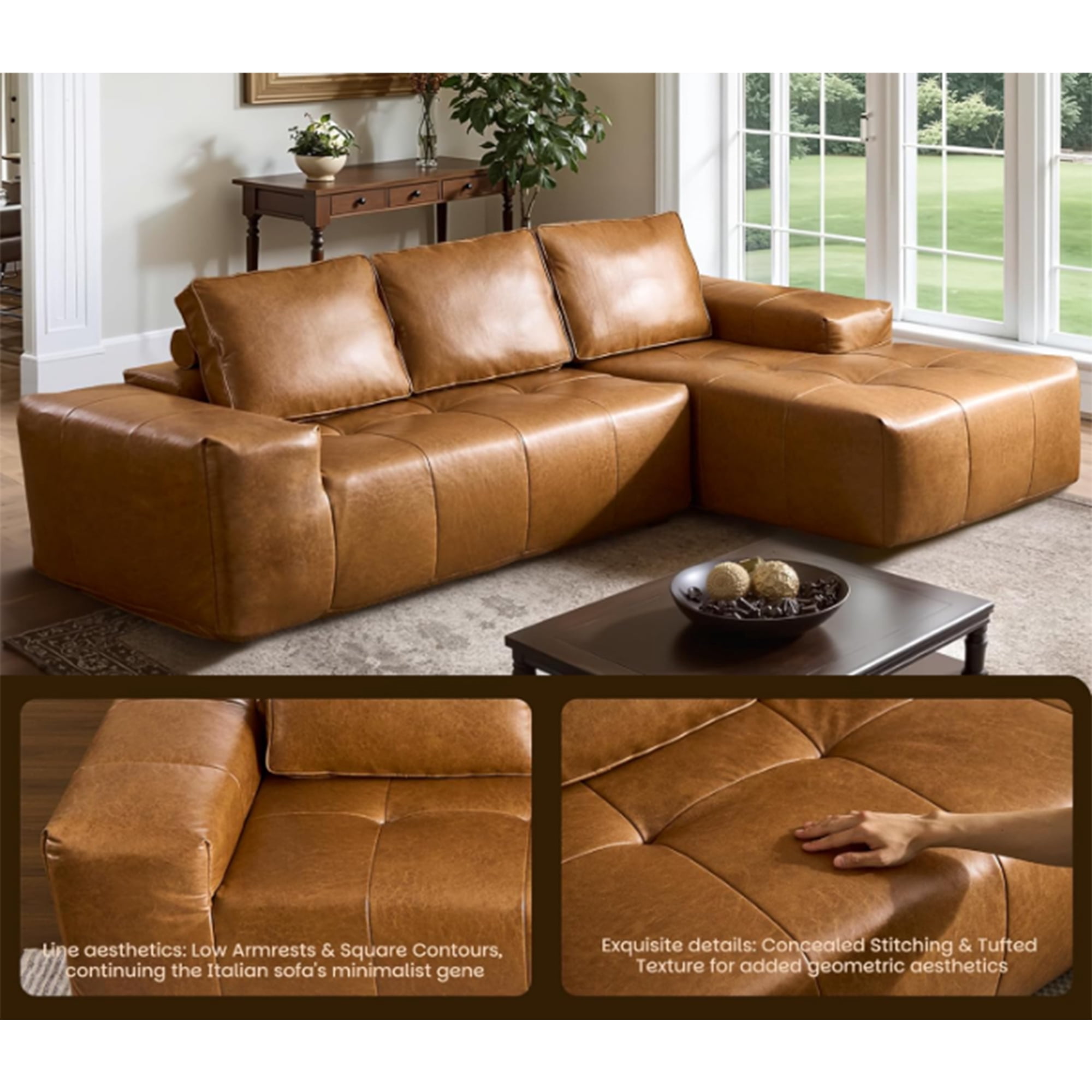 Boneless Brown Faux Leather Cloud Sectional Sofa with Chaise,L Shaped Modular Deep Seat Sofa Couch, No Assembly Required,Right-Hand Facing