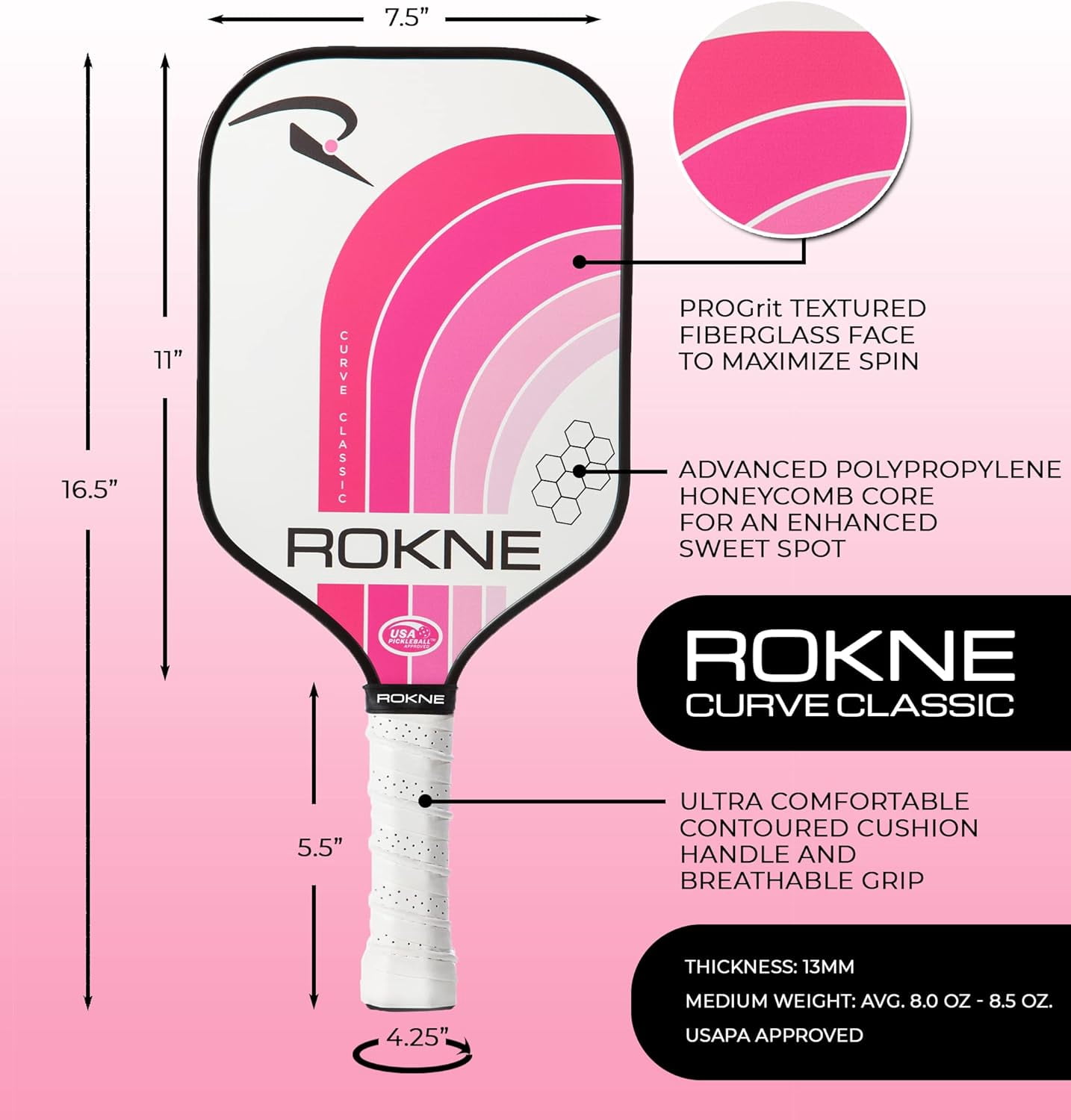 Rokne Curve Classic Fiberglass Pickleball Paddle Long Handle Racket with Comfortable Grip,Bubblegum