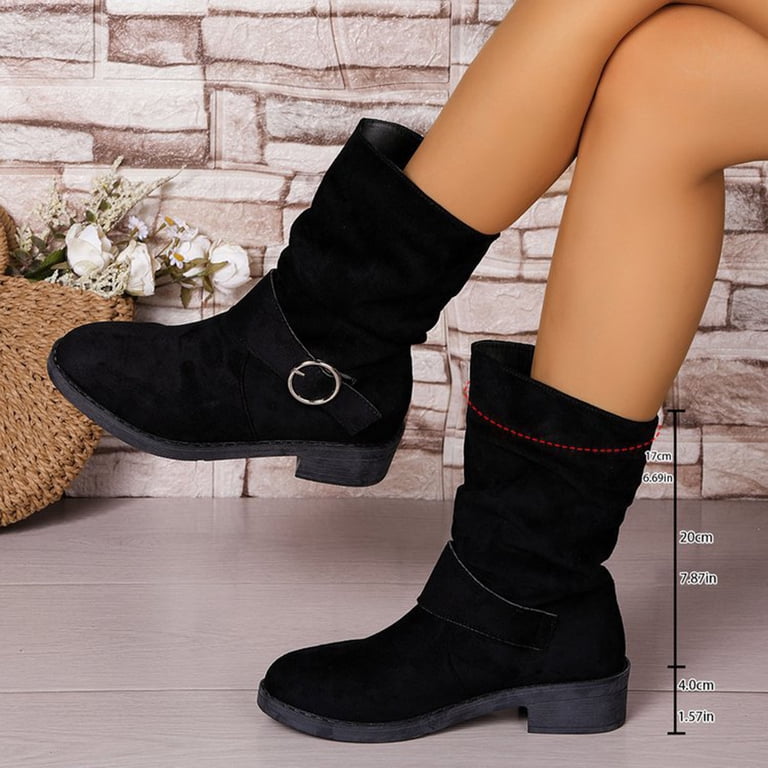 RUIYANQI Women's Slouchy Mid Calf Boots Buckle Strap Suede Ankle