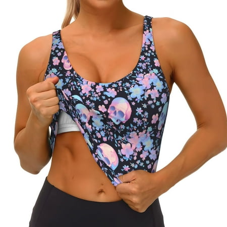 Qokaie cool Skull flower Pattern Womens Scoop Neck Sports Bra Breathable Workout Vest Padded U Back Medium Impact Fitness Gym Yoga Bra Workout Crop Top