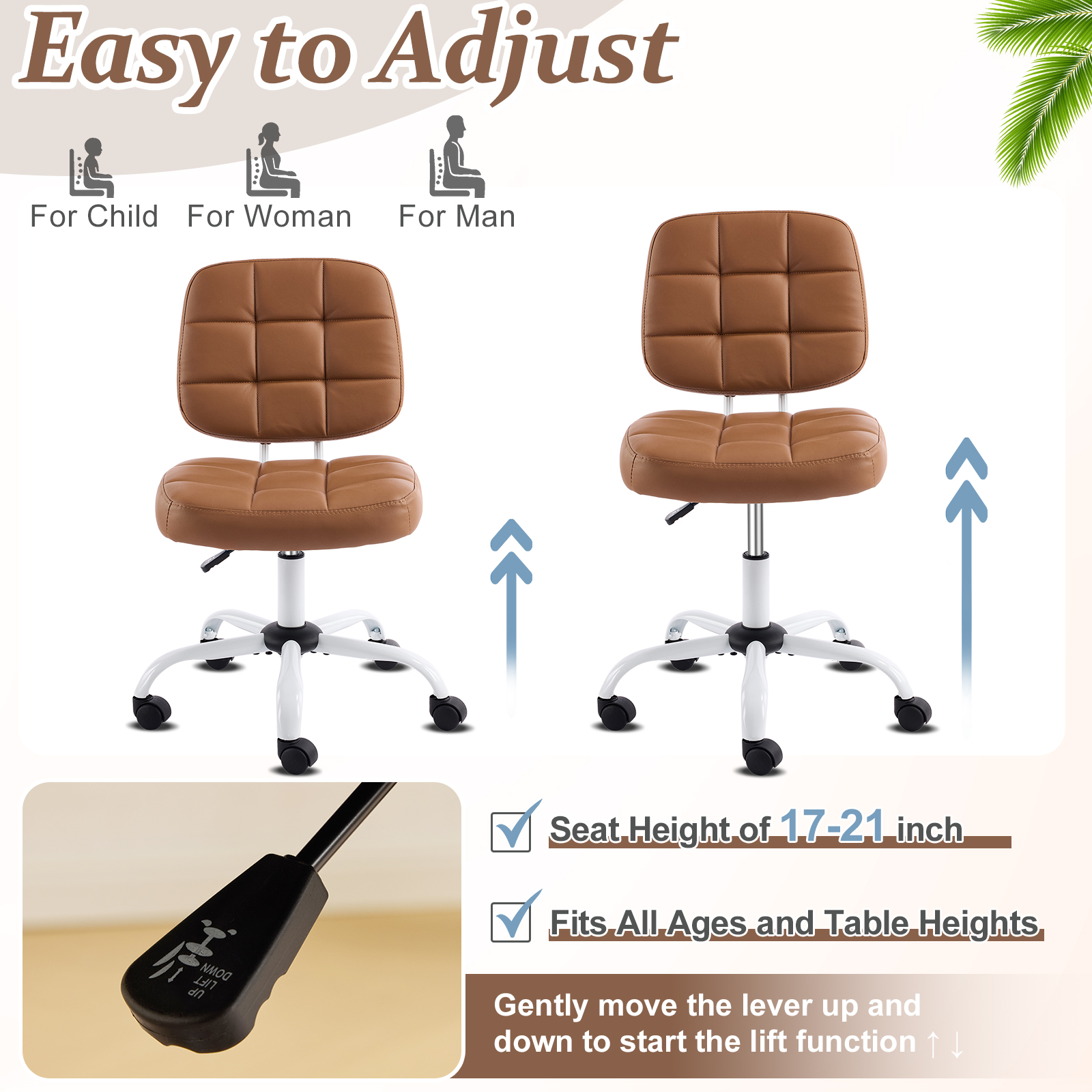 Ktaxon Armless Office Chair with Star Base PU Swivel Task Chair with 9-Grid Design for Study Room or Dressing Area Brown