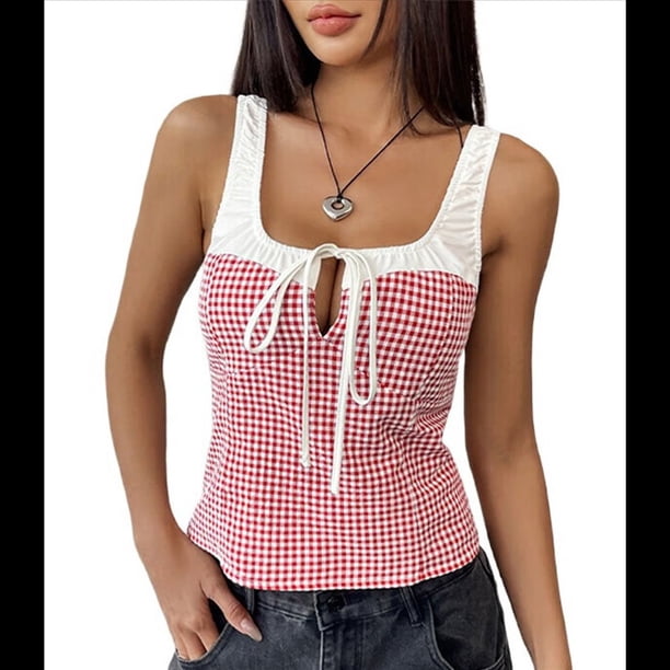 Camiseta de Tirantes de Cuadros para Mujer, Cuello Cuadrado con Ribete en Contraste, Sin Mangas, con Lazo en la Parte Delantera, Corte Entallado, para Verano. Rojo L