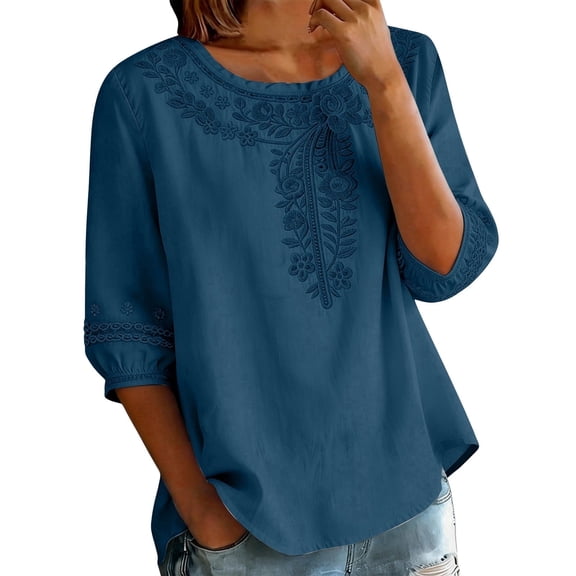 BODOAO Linen Blouses for Women Lightweight Ethnic Style Beach Casual Summer Tops Crew Neck Shirts Dressy Clothes Loose Fit Blouses Bohemian Tops Three Quarter Blouses Mexican Shirt Gauze Tops S