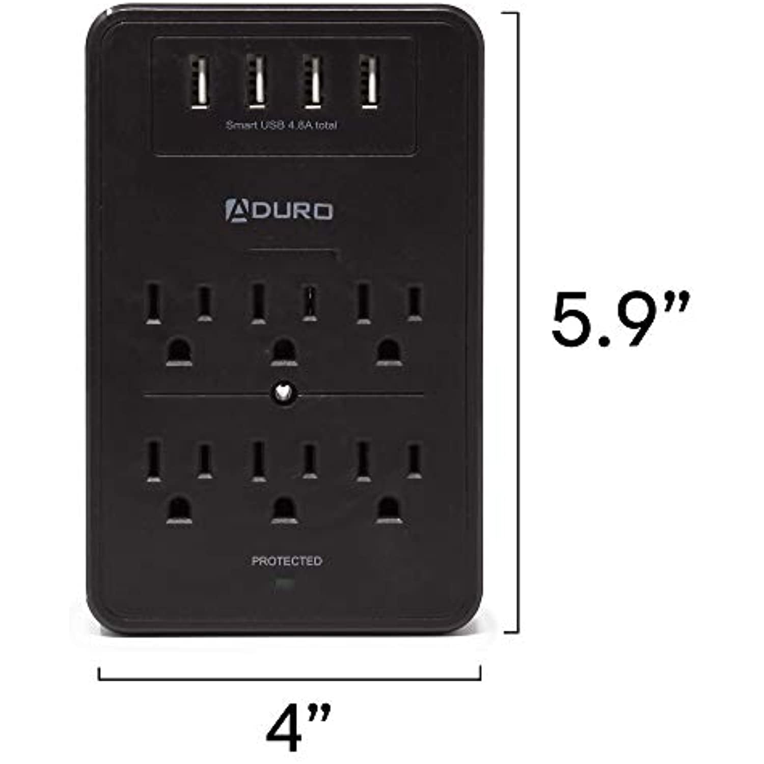 Aduro Surge Protector 6 Outlets Power Strip Station with USB (4 Ports 4.8A) Wall Mount Multiple Outlet Splitter Extender Adapter with Phone Shelf Stand ETL Listed Black