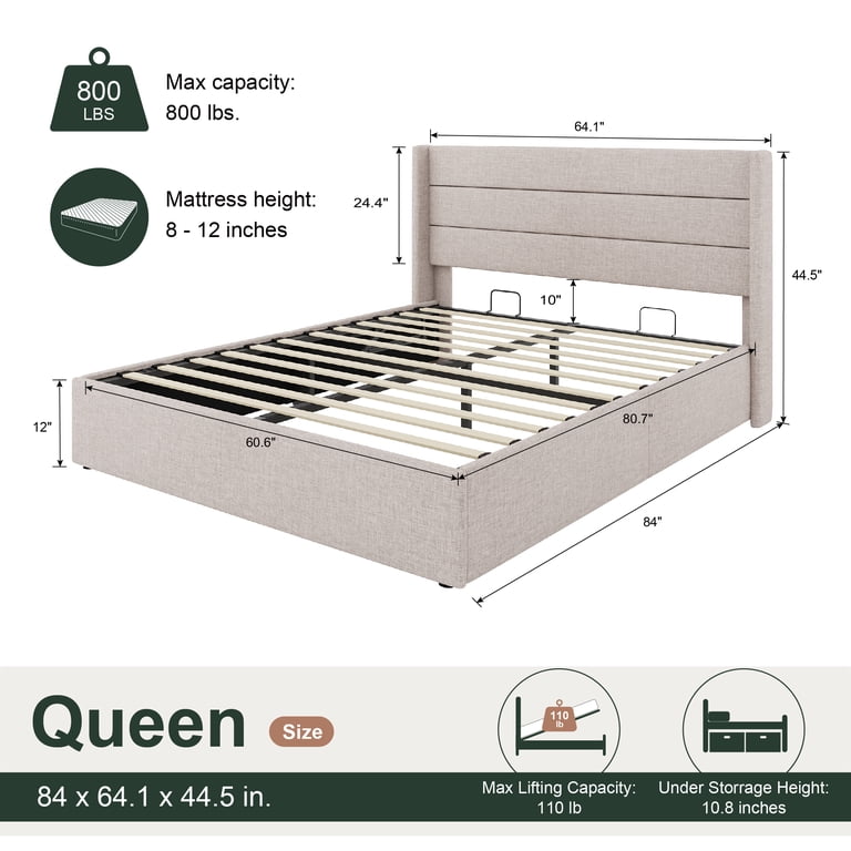 Amolife Queen Lift Storage Bed, Wingback Headboard, Beige photo 5