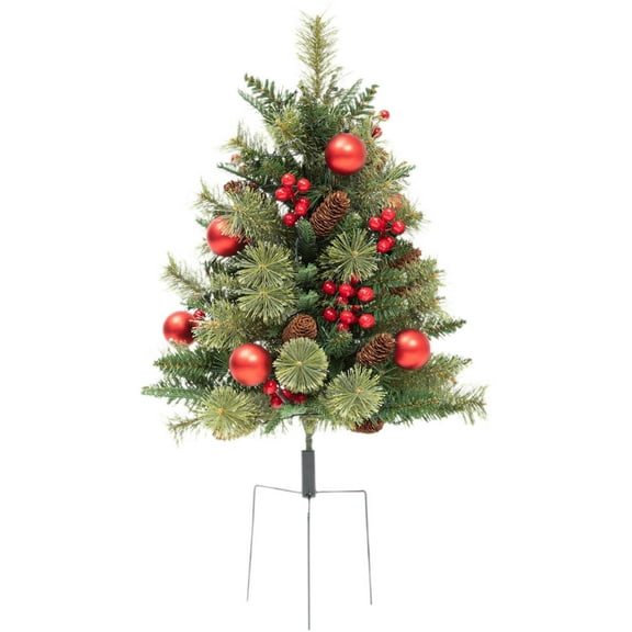 Beautynvta Lighted Artificial Christmas Urn Filler, Xmas Pine Trees with Cones, Balls & Red Berries, Tripod Stake and 30 LED Lights, Outdoor Christmas Decorations for Porch, Yard