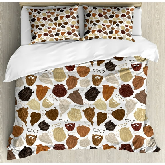 Hipster Duvet Cover Set Queen Size, Illustration of Scattered Beards Eyeglasses and Mustache on a Plain Background, Decorative 3 Piece Bedding Set with 2 Pillow Shams, Multicolor, by Ambesonne