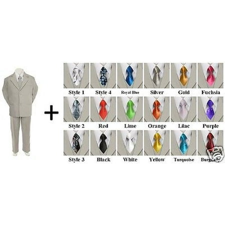 

New 6pc Extra Neck Tie + Boy Infant Toddler Light Gray Formal Suit Tuxedo S-20