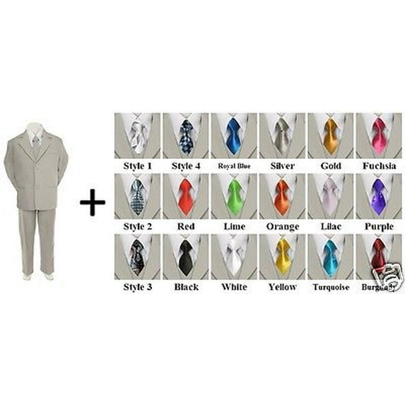 New 6pc Extra Neck Tie + Boy Infant Toddler Light Gray Formal Suit Tuxedo S-20