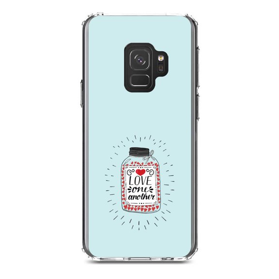 DistinctInk Clear Shockproof Hybrid Case for Samsung Galaxy S9 (5.8" Screen) - TPU Bumper, Acrylic Back, Tempered Glass Screen Protector - Love One Another - Heart / Jar