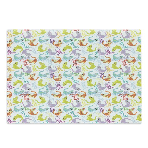 Dragon Cutting Board, Happy Friendly Dragons Cartoon Characters Waving Hello Pattern Dots, Decorative Tempered Glass Cutting and Serving Board, Large Size, Multicolor, by Ambesonne