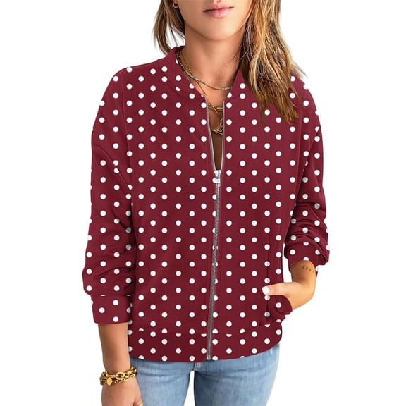 ZQGJB Fashion Bomber Jackets for Women Casual Polka Dot Print Long Sleeve Full Zip up Stand Collar Pullover Sweatshirts Lightweight Casual Outwear Coat Red L