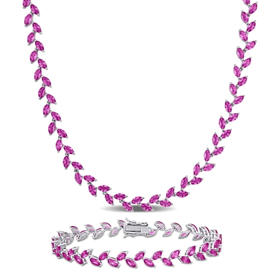 Everly Women's Created Pink Sapphire Sterling Silver Leaf Necklace and Bracelet Set - 17 in 7.25 in