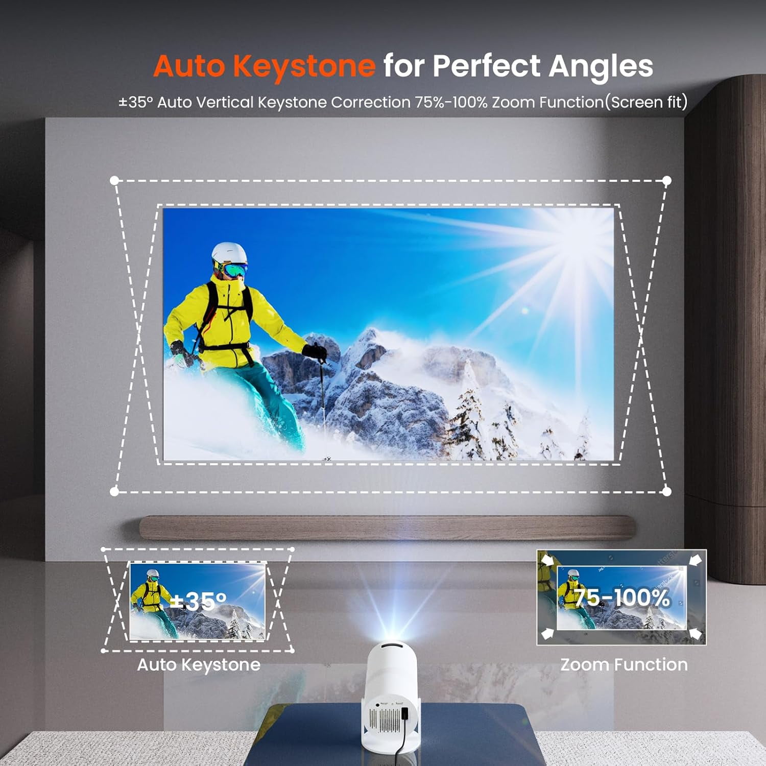 Portable Projector 4K 1080P Supported Projection,Movie  Projector with 180 ° Rotatable Stand Auto  Correction, Compatible with TV Stick, , USB, Laptop, Smartphone