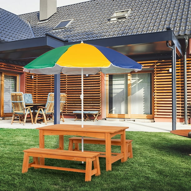 Zimtown Outdoor Wooden Table & Bench Set, Striped Umbrella
