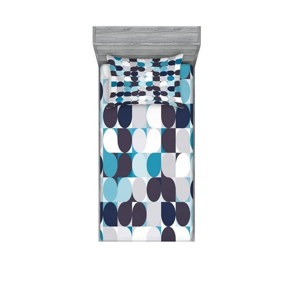Ambesonne Abstract Fitted Sheet & Pillow Sham Set, Retro Circles Squares, Twinxl, Brown Grey Teal White