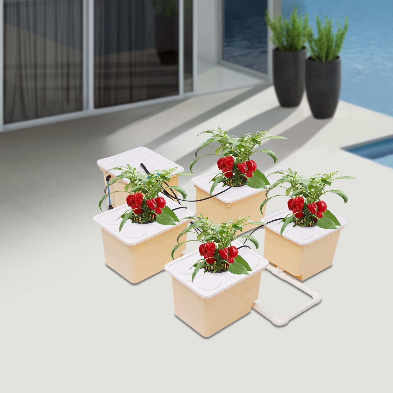 5 Bucket DWC Hydroponic Growing System, PP&UV Material Indoor Outdoor Drip Irrigation Kit with 11L Capacity Per Bucket, Complete Accessories Included for Vegetables Herbs Flowers