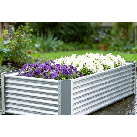 Large Rectangular Metal Planter Boxes Silver 6x3x2ft for Outdoor Gardening