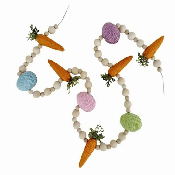 Easter Bunny Carrot Garland, Happy Easter Banner, Fireplace Mantel Farmhouse Wall Hanging Decoration with Wooden Beads