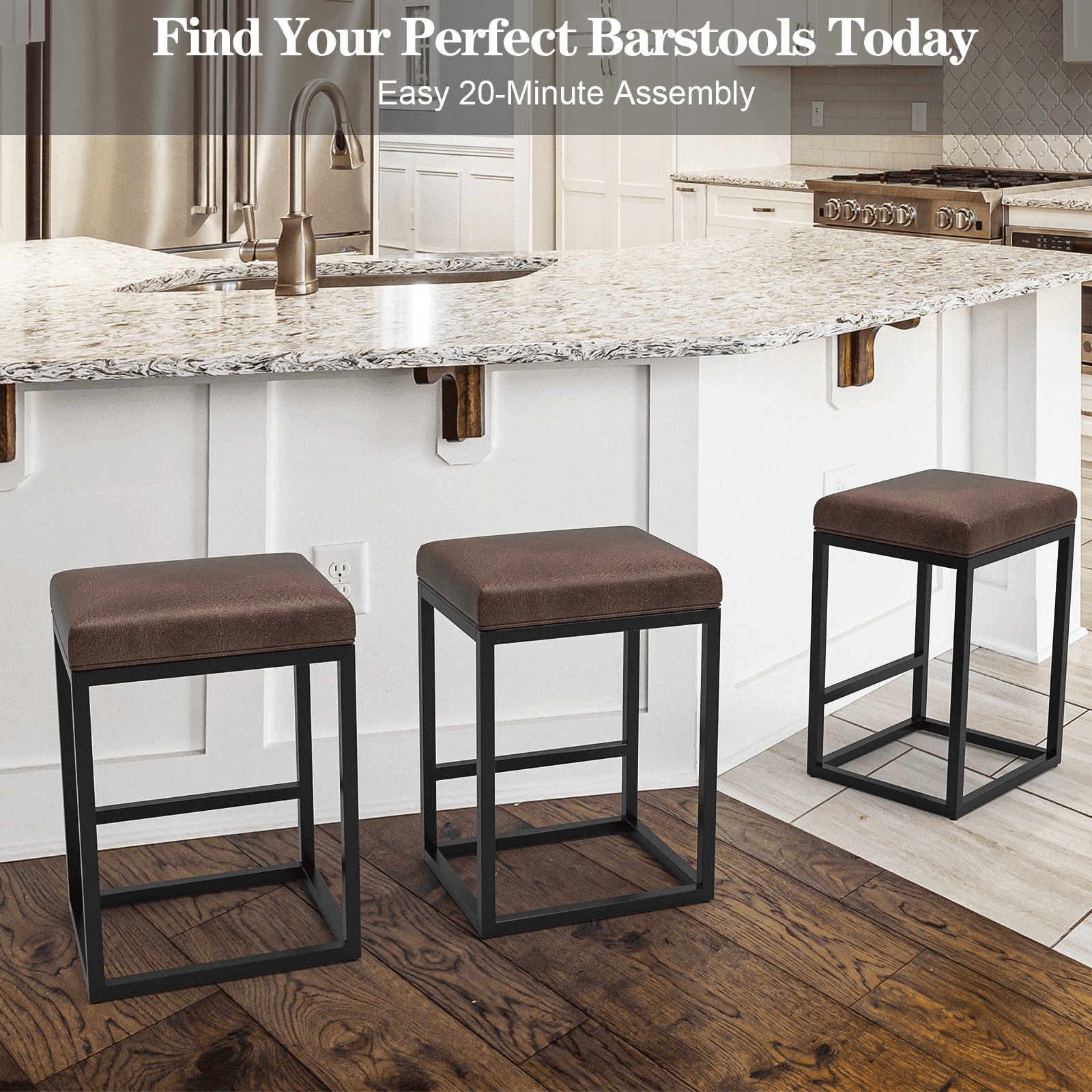 Nathaniel Home 24 Inch Bar Stools Set of 2, Modern PU Leather Metal Barstool, Backless Kitchen Dining Cafe Stool, Upholstered Bar Stool with Footrest, Light Brown